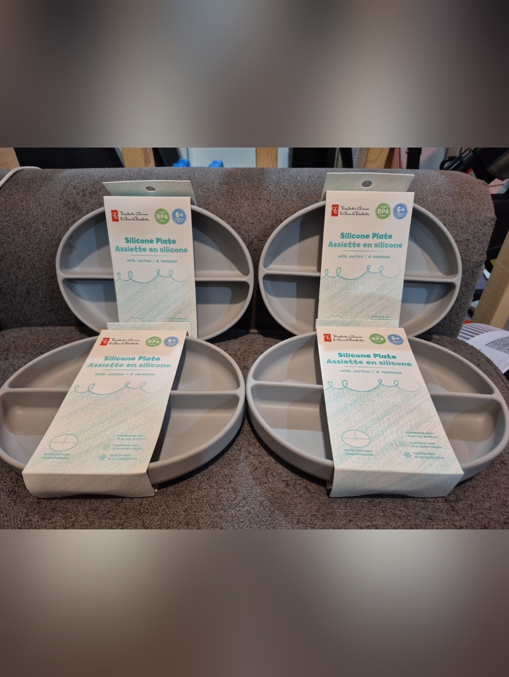 Infant Kids Silicone Sectioned Plates With Suction (Set of 4) - Light Gray